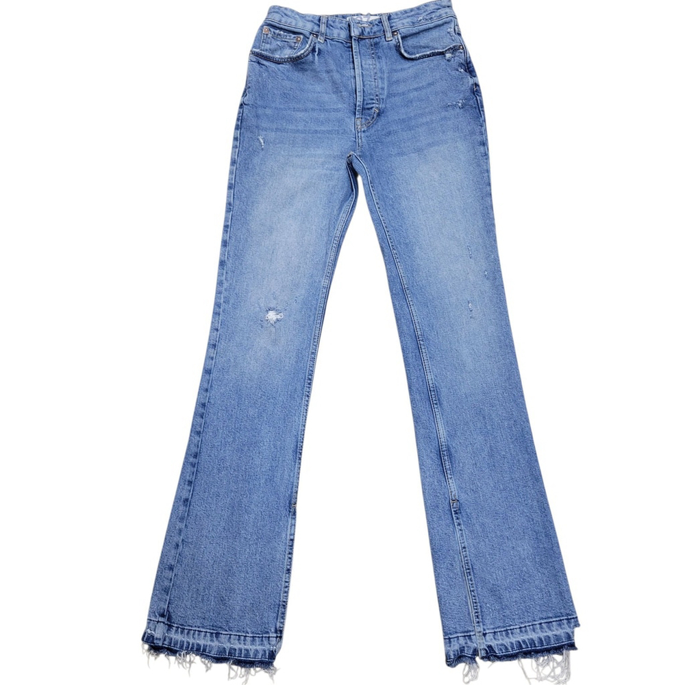 We The Free Women's Distressed Straight Mid-Rise Slit Ankle Button-Fly Jeans 27